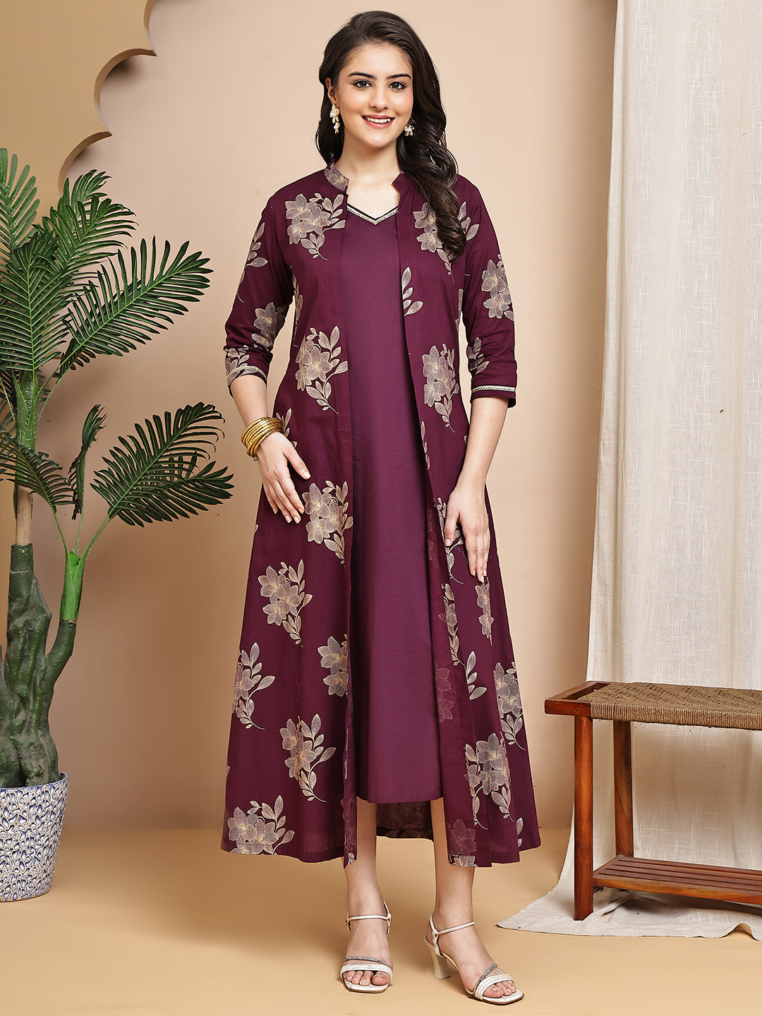 Wine Colour Floral Printed Cotton Dress For Women