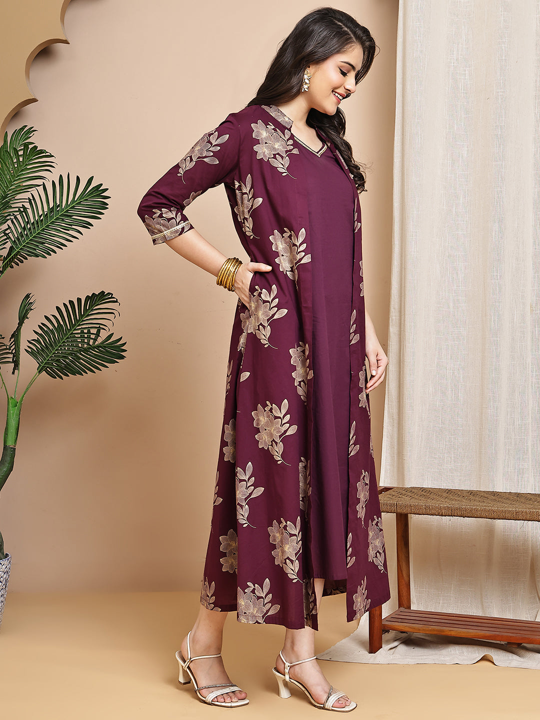 Wine Colour Floral Printed Cotton Dress For Women