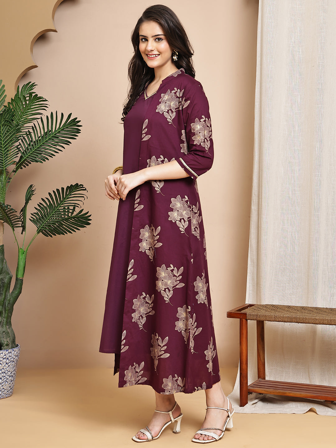 Wine Colour Floral Printed Cotton Dress For Women