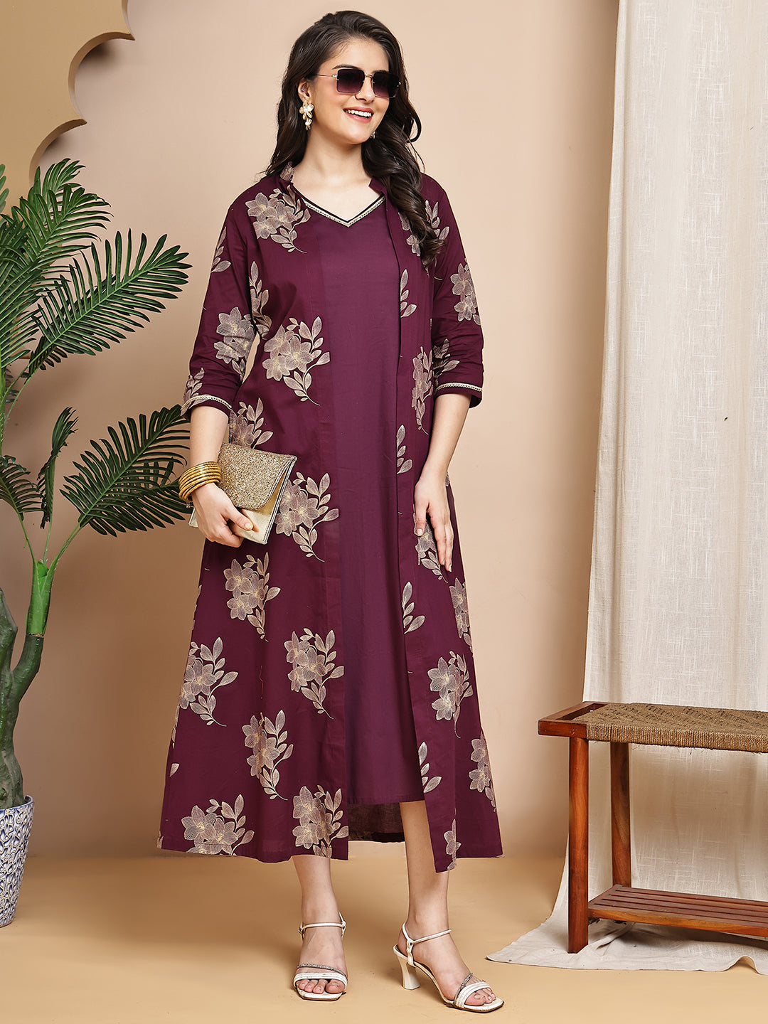 Wine Colour Floral Printed Cotton Dress For Women