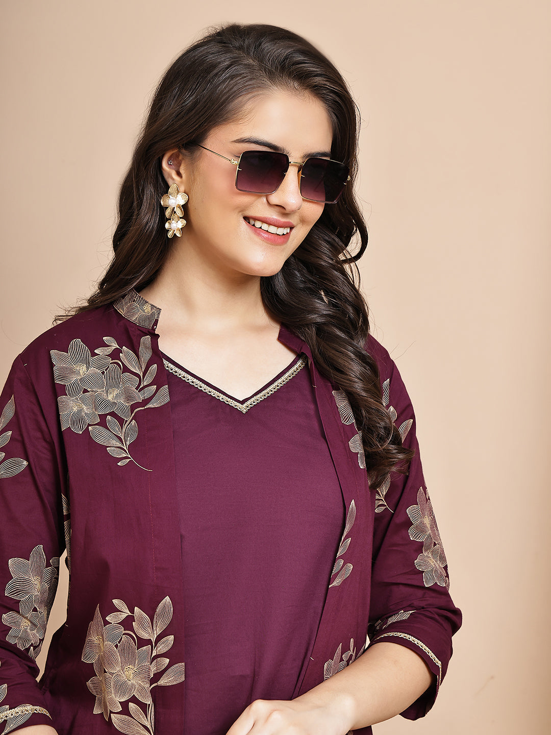 Wine Colour Floral Printed Cotton Dress For Women