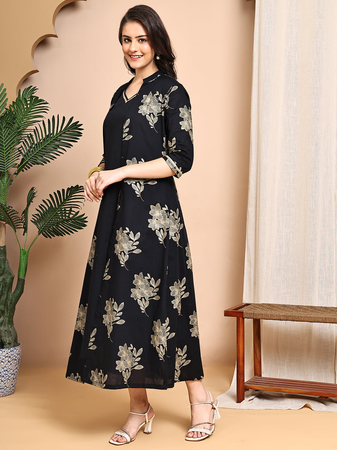 Black Colour Floral Printed Cotton Dress For Women