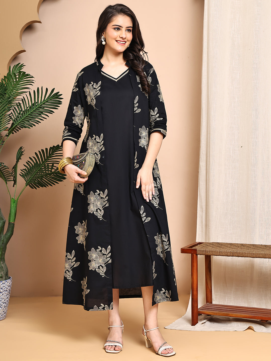 Black Colour Floral Printed Cotton Dress For Women