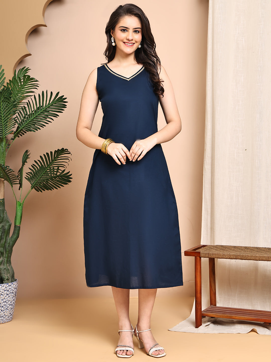 Navy Blue color Floral Printed Cotton Dress For Women
