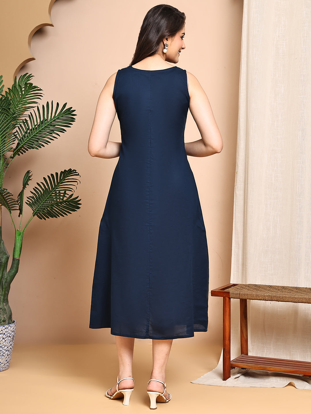 Navy Blue color Floral Printed Cotton Dress For Women