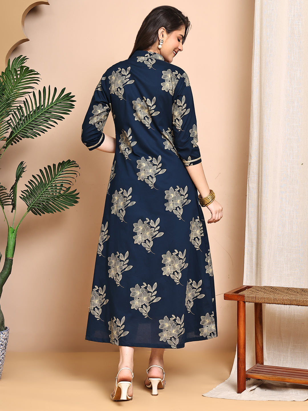 Navy Blue color Floral Printed Cotton Dress For Women