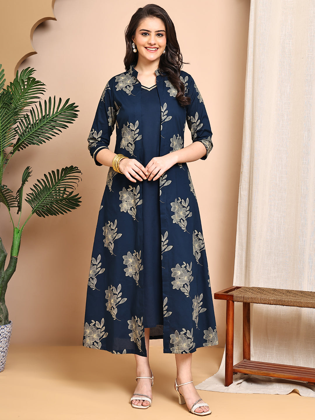 Navy Blue color Floral Printed Cotton Dress For Women