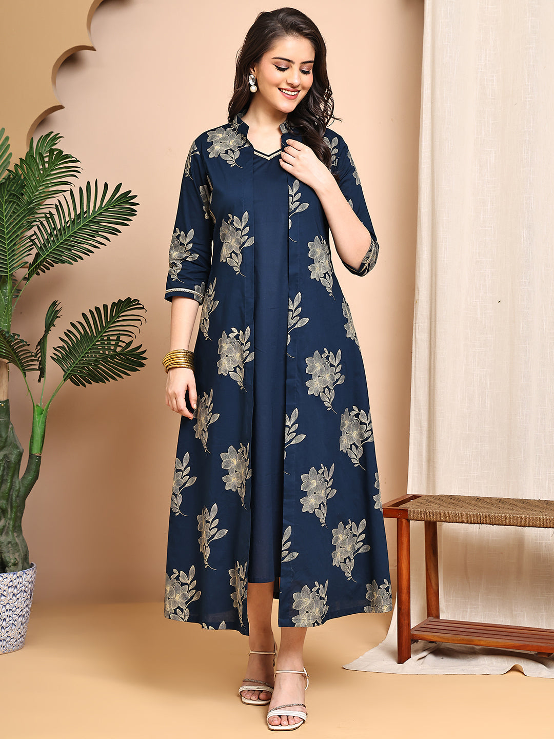 Navy Blue color Floral Printed Cotton Dress For Women