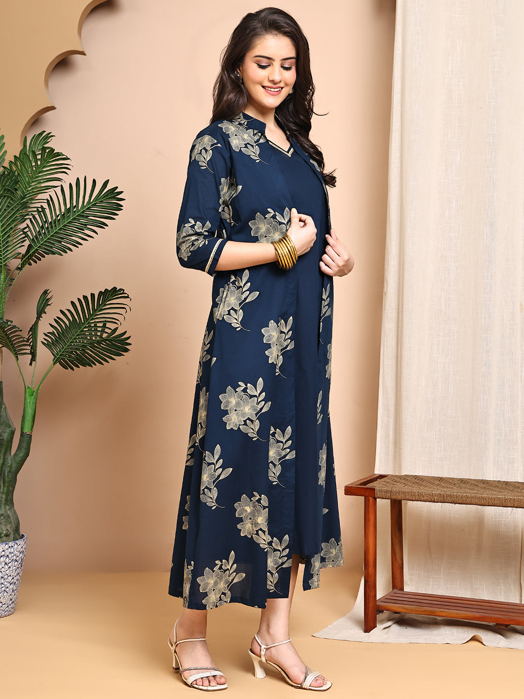 Navy Blue color Floral Printed Cotton Dress For Women
