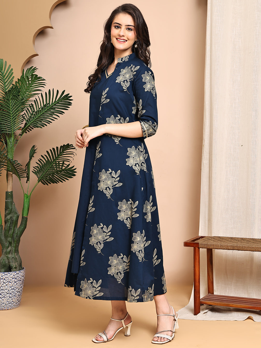 Navy Blue color Floral Printed Cotton Dress For Women