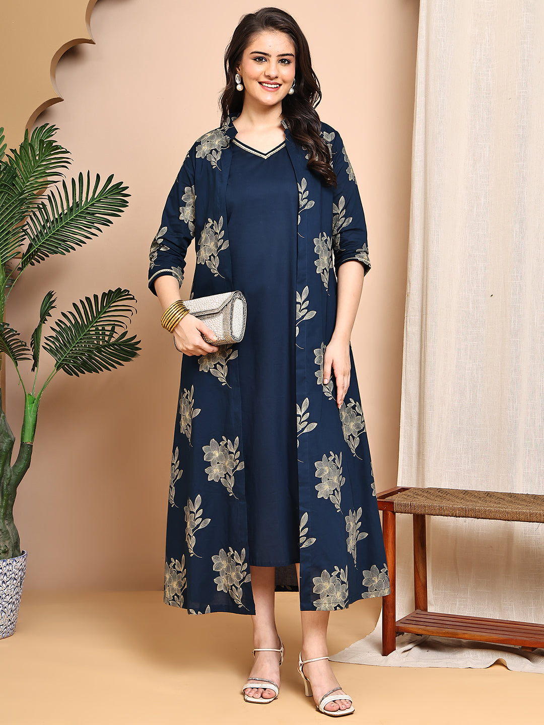 Woman wearing navy floral cotton dress
