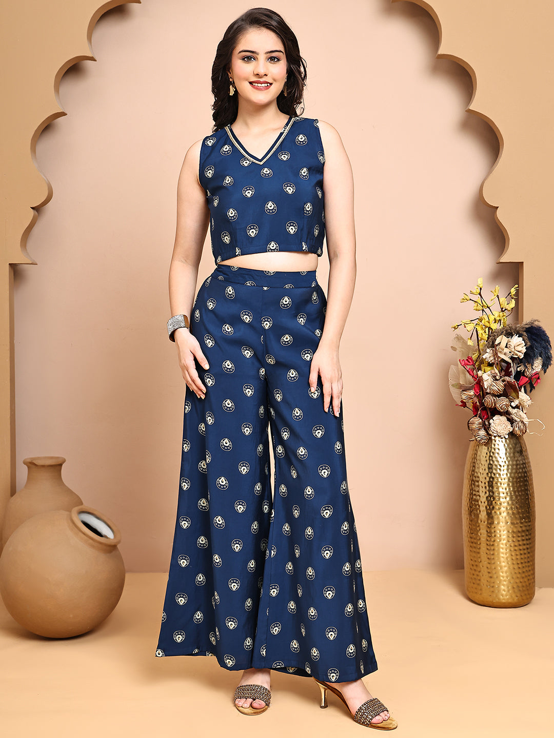 Blue Colour V-Neck Ethnic Printed Co-Ord Set with Palazzo & Jacket for Women