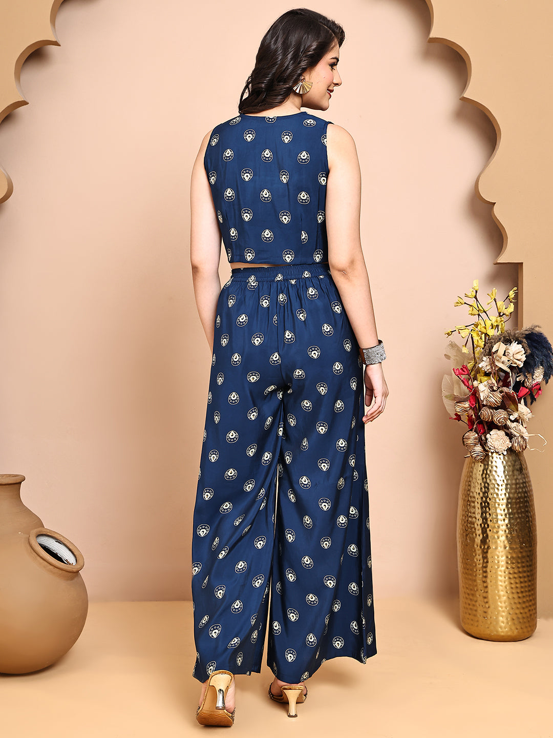Blue Colour V-Neck Ethnic Printed Co-Ord Set with Palazzo & Jacket for Women