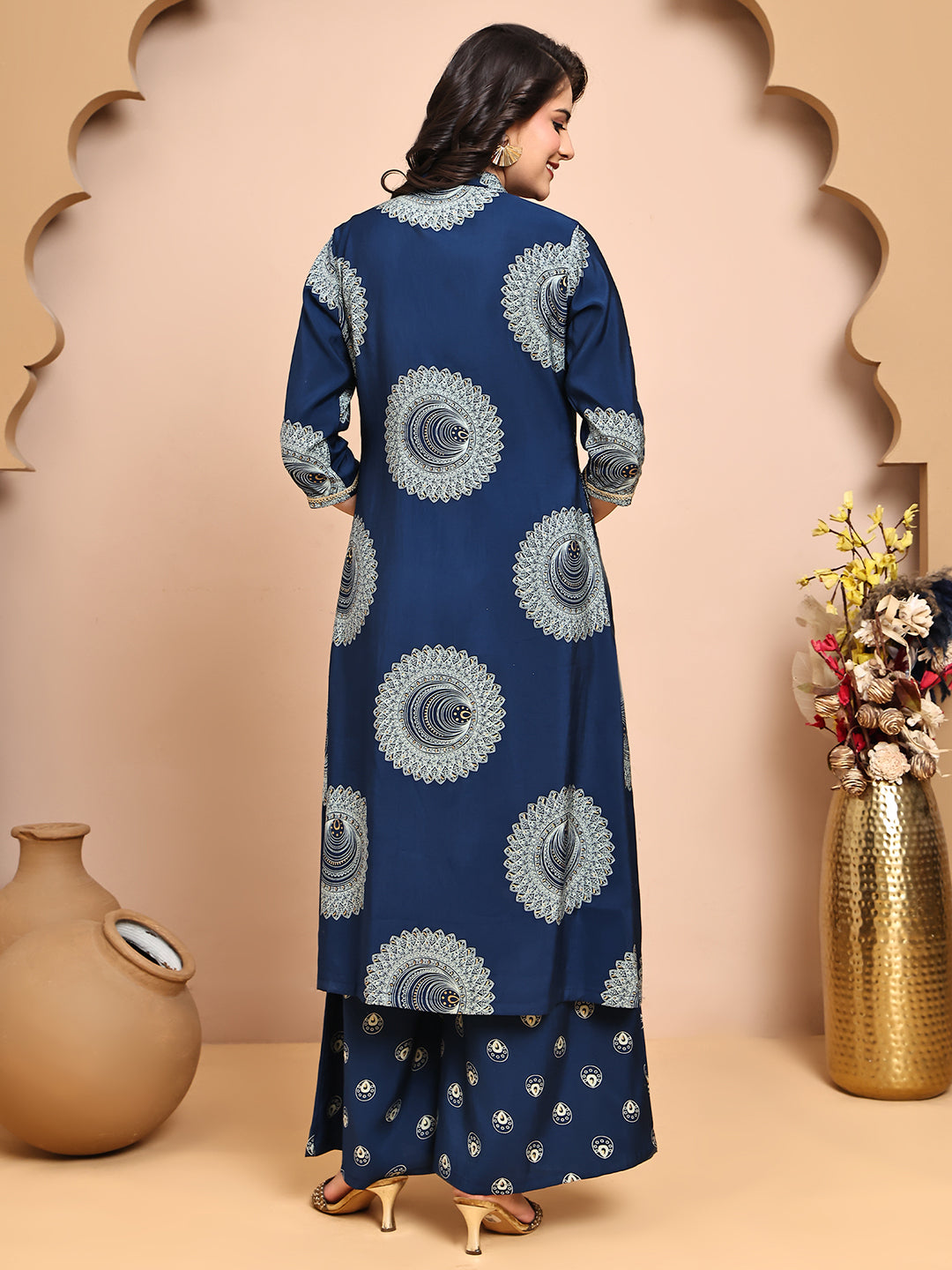 Blue Colour V-Neck Ethnic Printed Co-Ord Set with Palazzo & Jacket for Women