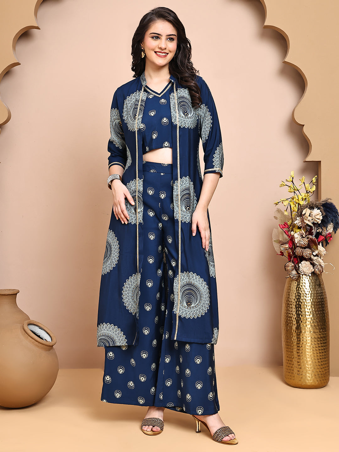 Blue Colour V-Neck Ethnic Printed Co-Ord Set with Palazzo & Jacket for Women
