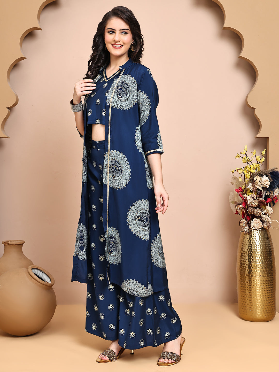 Blue Colour V-Neck Ethnic Printed Co-Ord Set with Palazzo & Jacket for Women