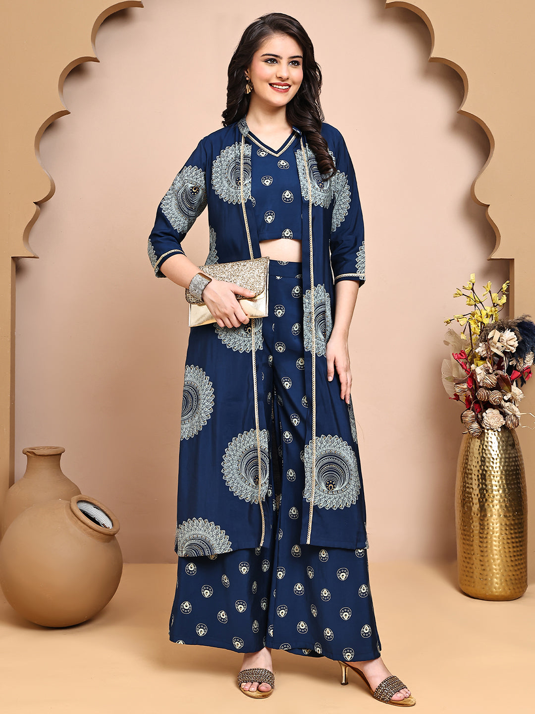Blue Colour V-Neck Ethnic Printed Co-Ord Set with Palazzo & Jacket for Women