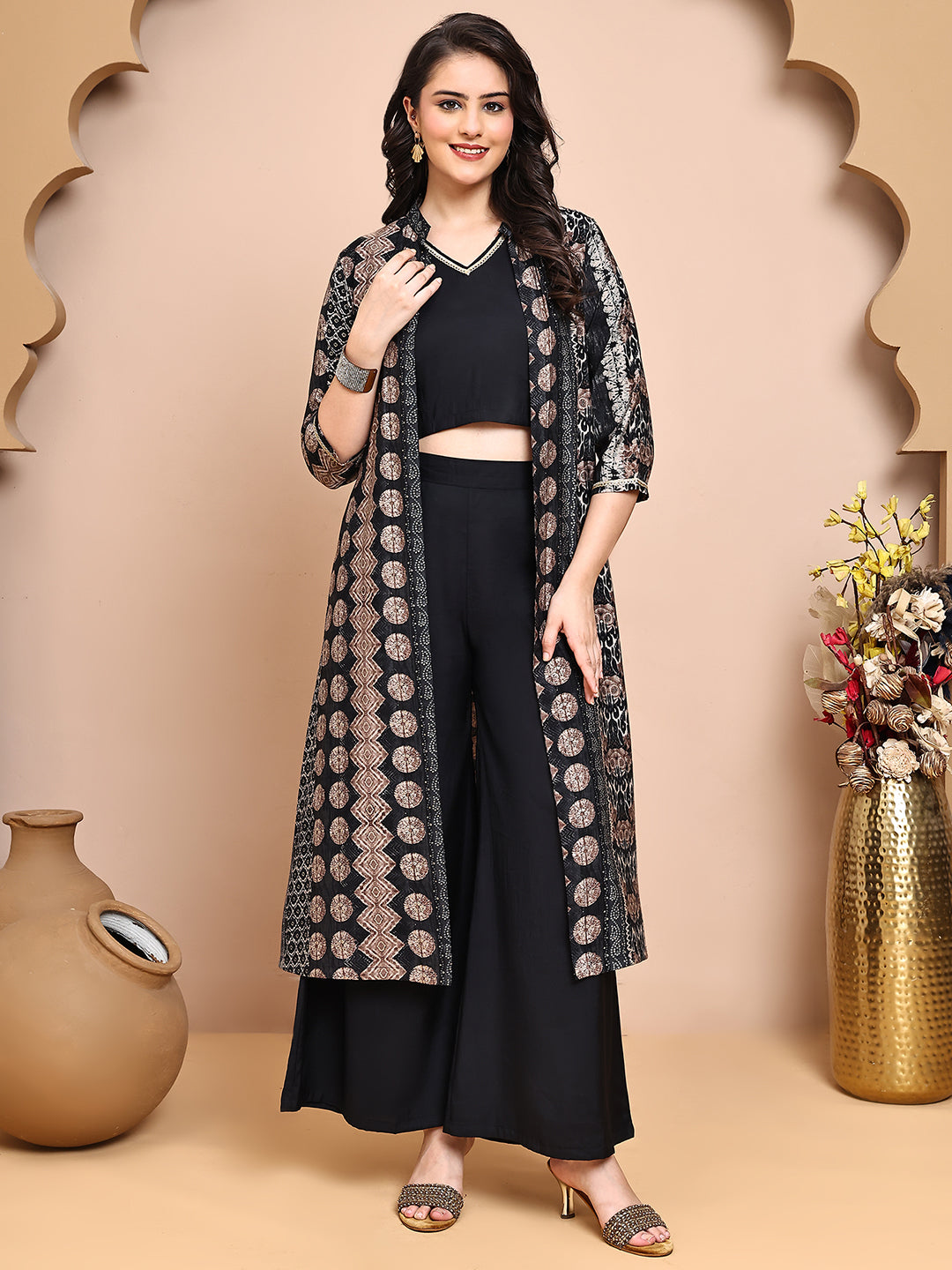 Black Colour V-Neck Ethnic Printed Co-Ord Set with Palazzo & Jacket for Women