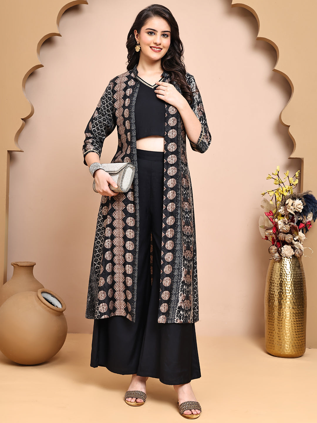 Black Colour V-Neck Ethnic Printed Co-Ord Set with Palazzo & Jacket for Women