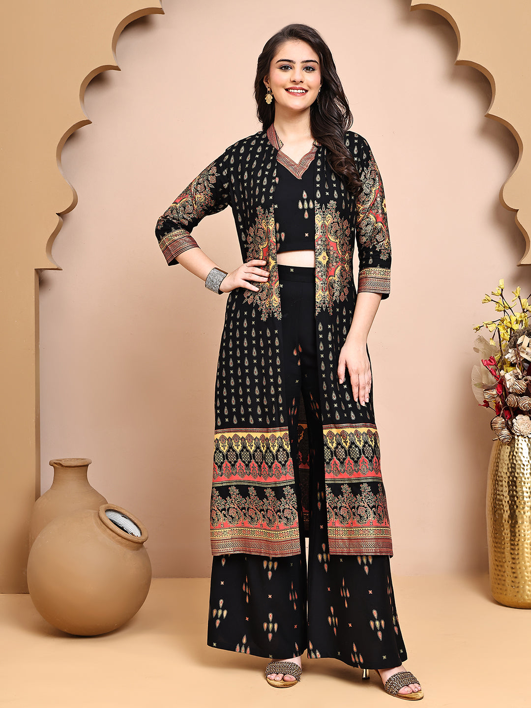 Black Colour Ethnic Printed Co-Ord Set with Palazzo & Jacket for Women | S-XXL | Claura