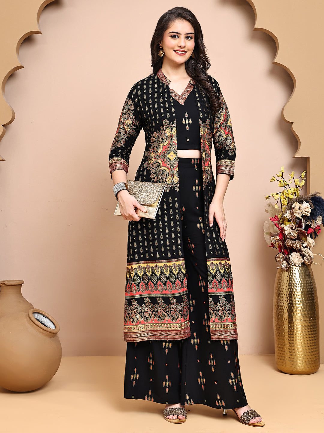 Black Colour Ethnic Printed Co-Ord Set with Palazzo & Jacket for Women | S-XXL | Claura