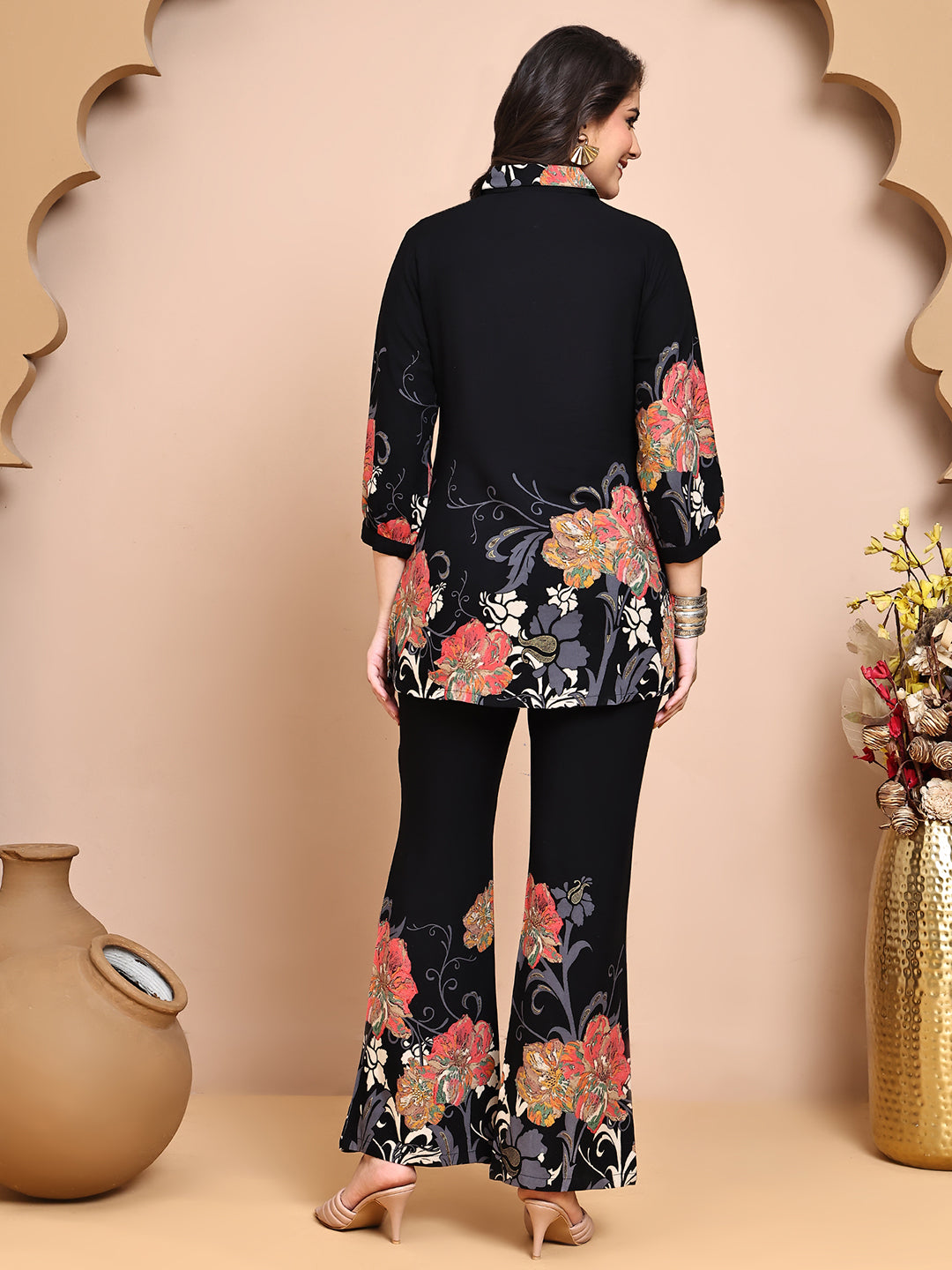 Black Colour Floral Printed Viscose Rayon Co-Ord Set for Women