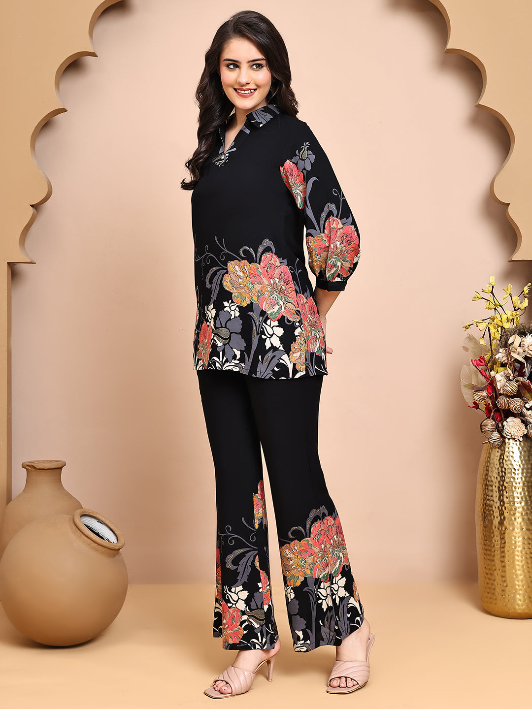 Black Colour Floral Printed Viscose Rayon Co-Ord Set for Women