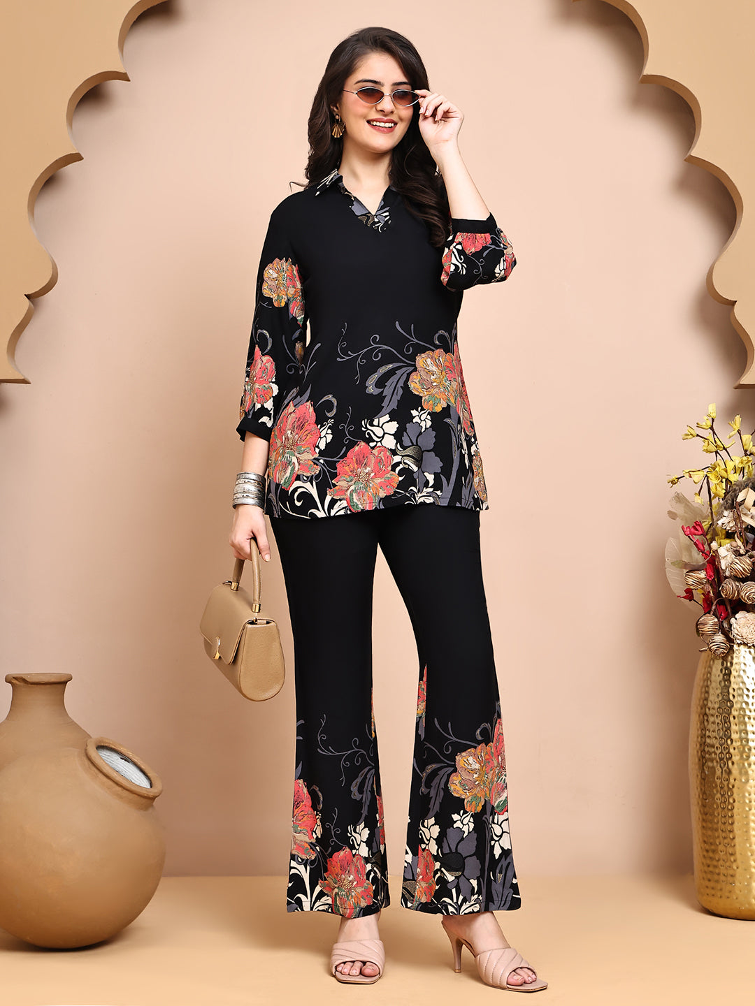 Black Colour Floral Printed Viscose Rayon Co-Ord Set for Women