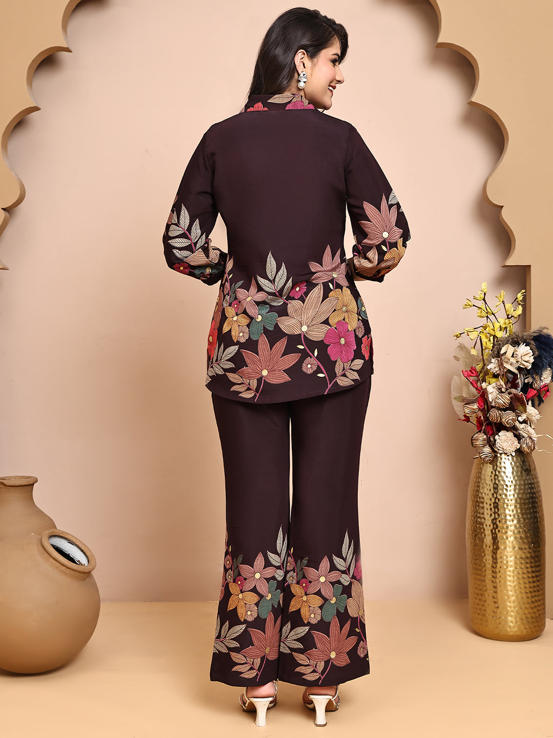 Coffee Brown Colour Floral Printed Premium Chanderi Co-Ords Set for Women