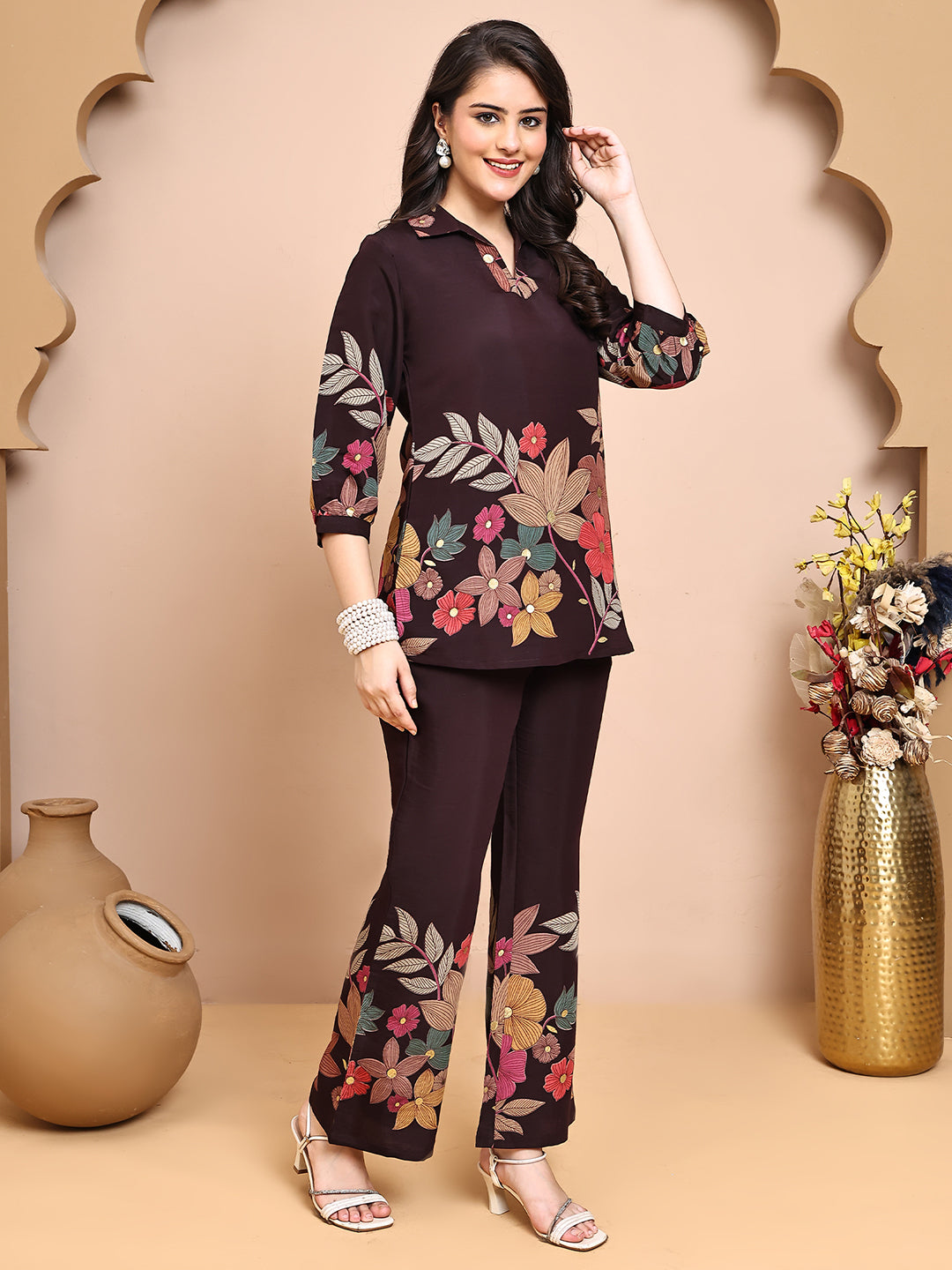 Coffee Brown Colour Floral Printed Premium Chanderi Co-Ords Set for Women