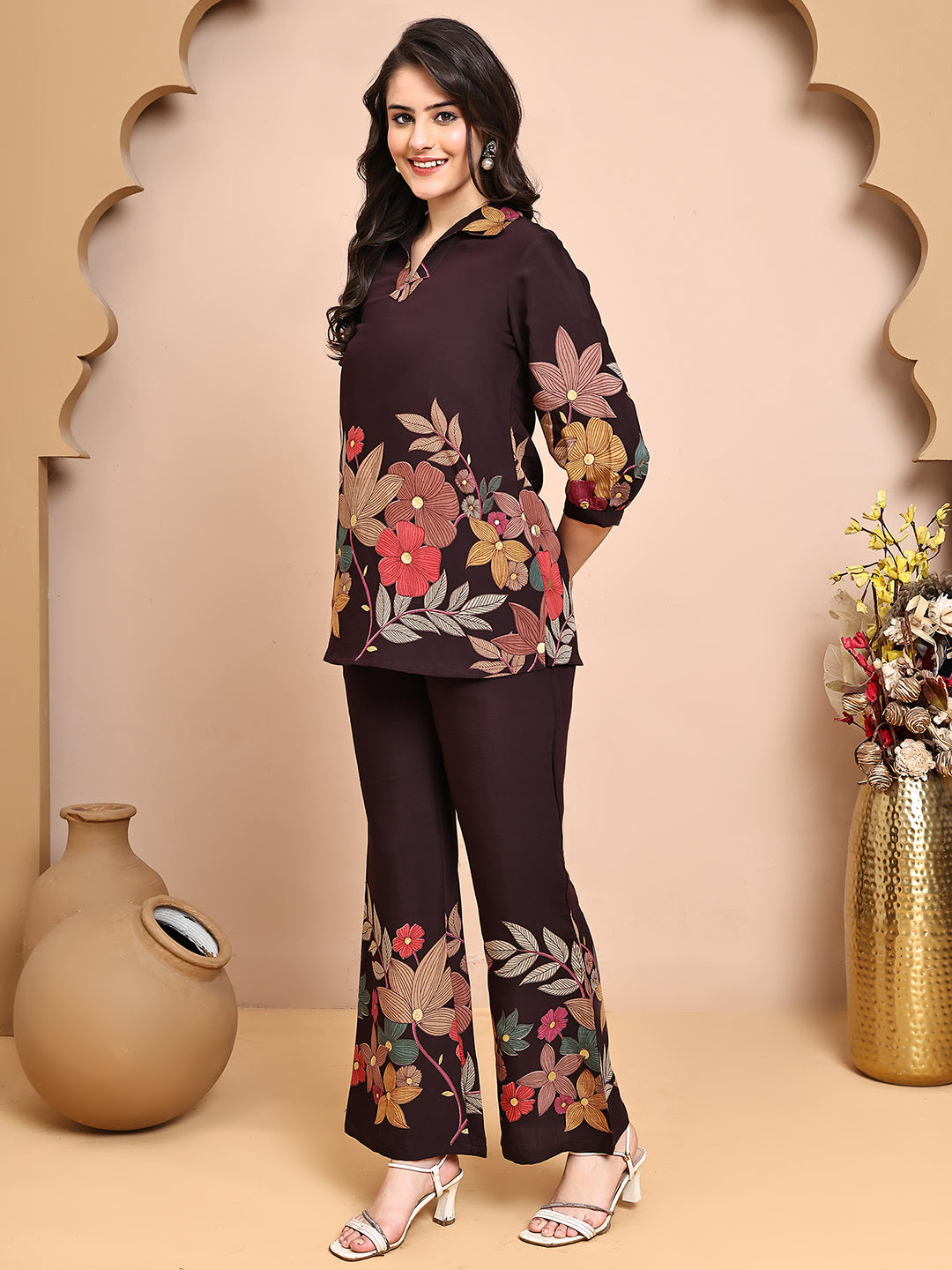 Coffee Brown Colour Floral Printed Premium Chanderi Co-Ords Set for Women