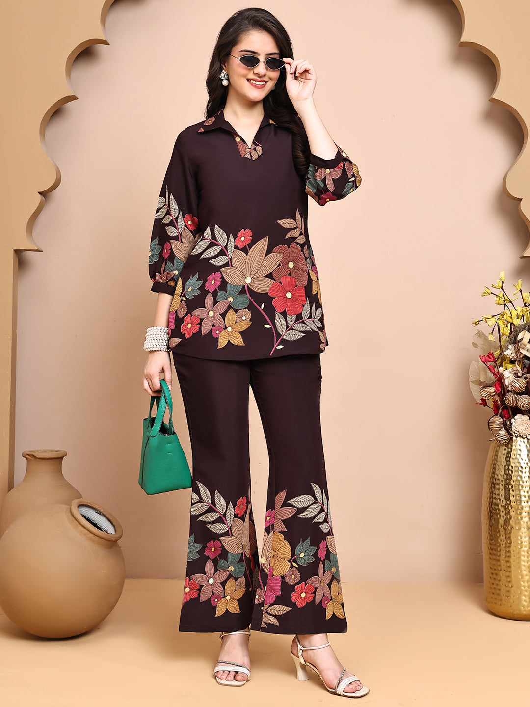 Coffee Brown Colour Floral Printed Premium Chanderi Co-Ords Set for Women