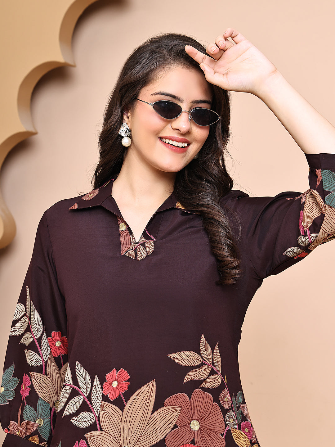 Coffee Brown Colour Floral Printed Premium Chanderi Co-Ords Set for Women