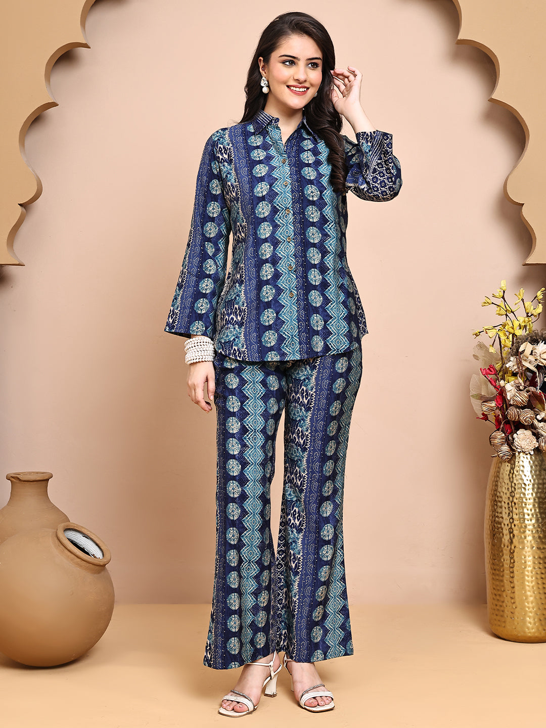 Blue Colour Abstract Printed Shirt Collar Tunic & Trousers Co-Ord Set for Women