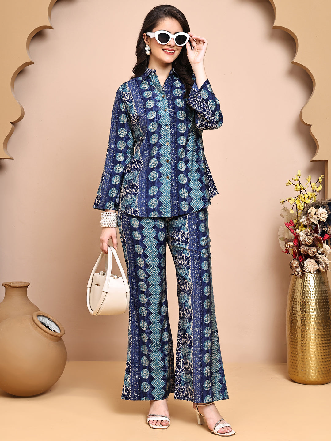Blue Colour Abstract Printed Shirt Collar Tunic & Trousers Co-Ord Set for Women