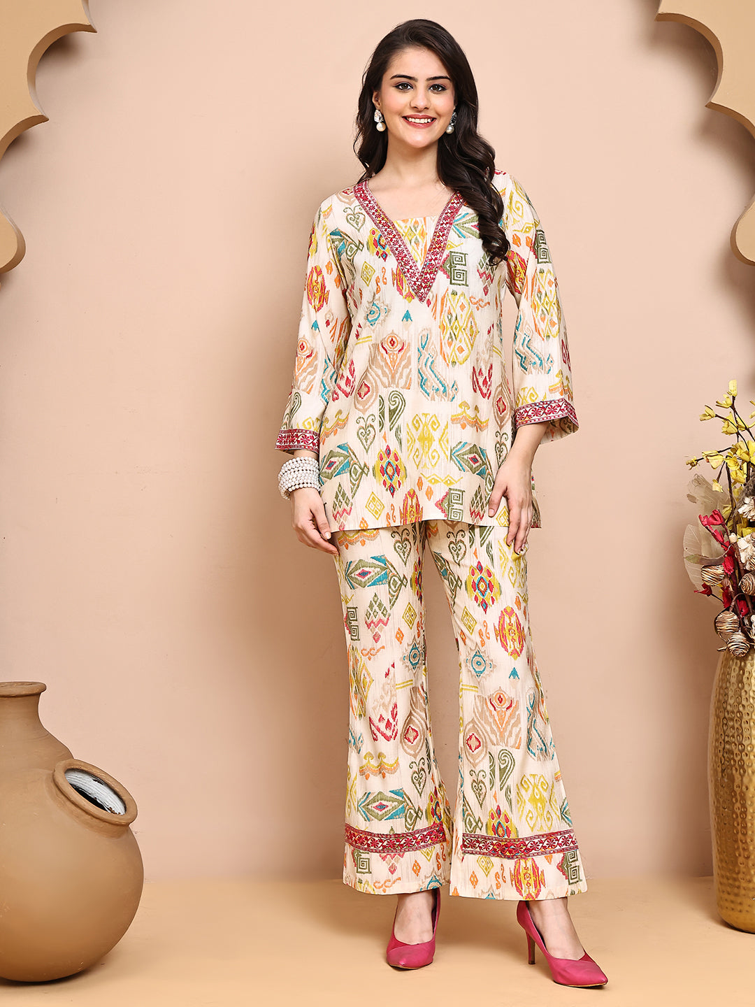Multi Colour Abstract Printed Premium Chanderi Co-Ord Set for Women