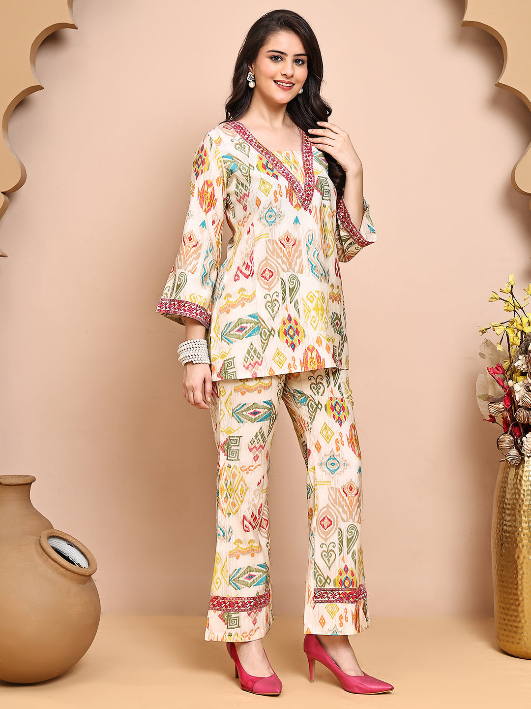 Multi Colour Abstract Printed Premium Chanderi Co-Ord Set for Women