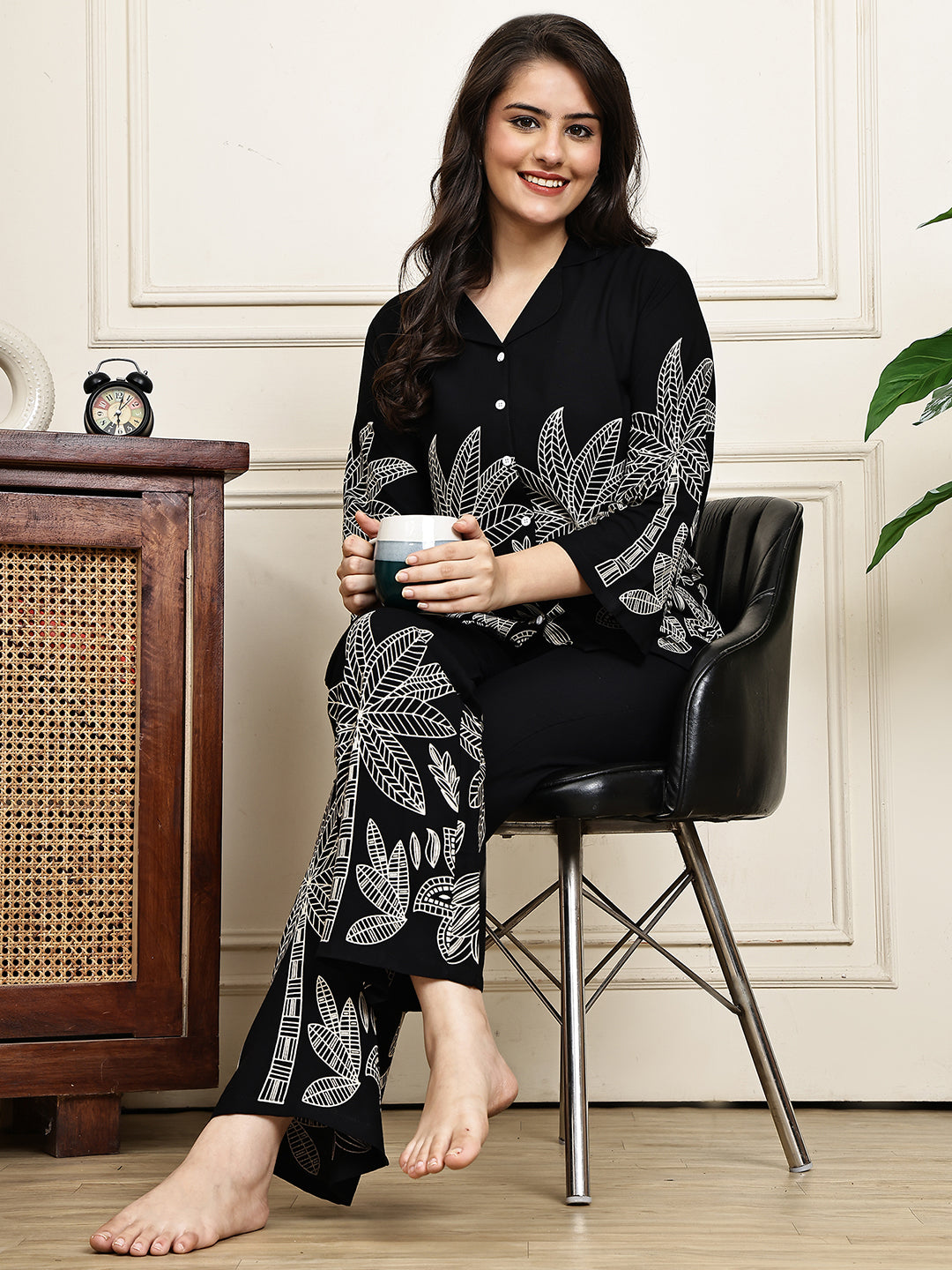 Black Colour Floral Printed Viscose Rayon Night Suit for Women