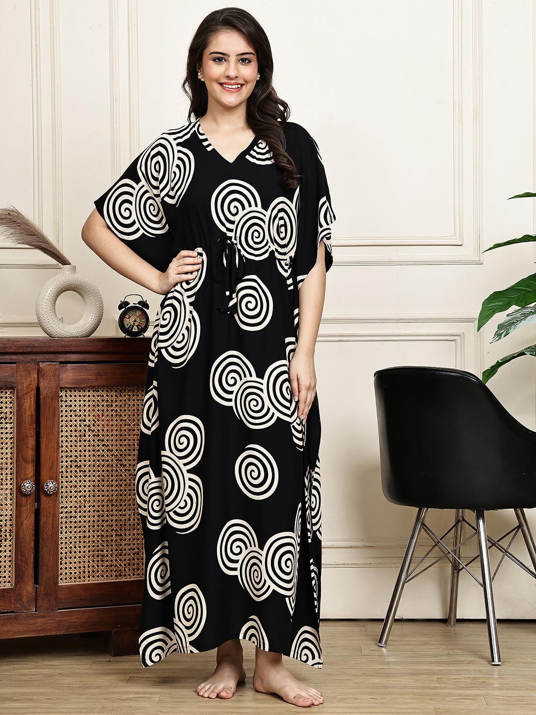 Close-up of viscose rayon fabric on black Kaftan Dress