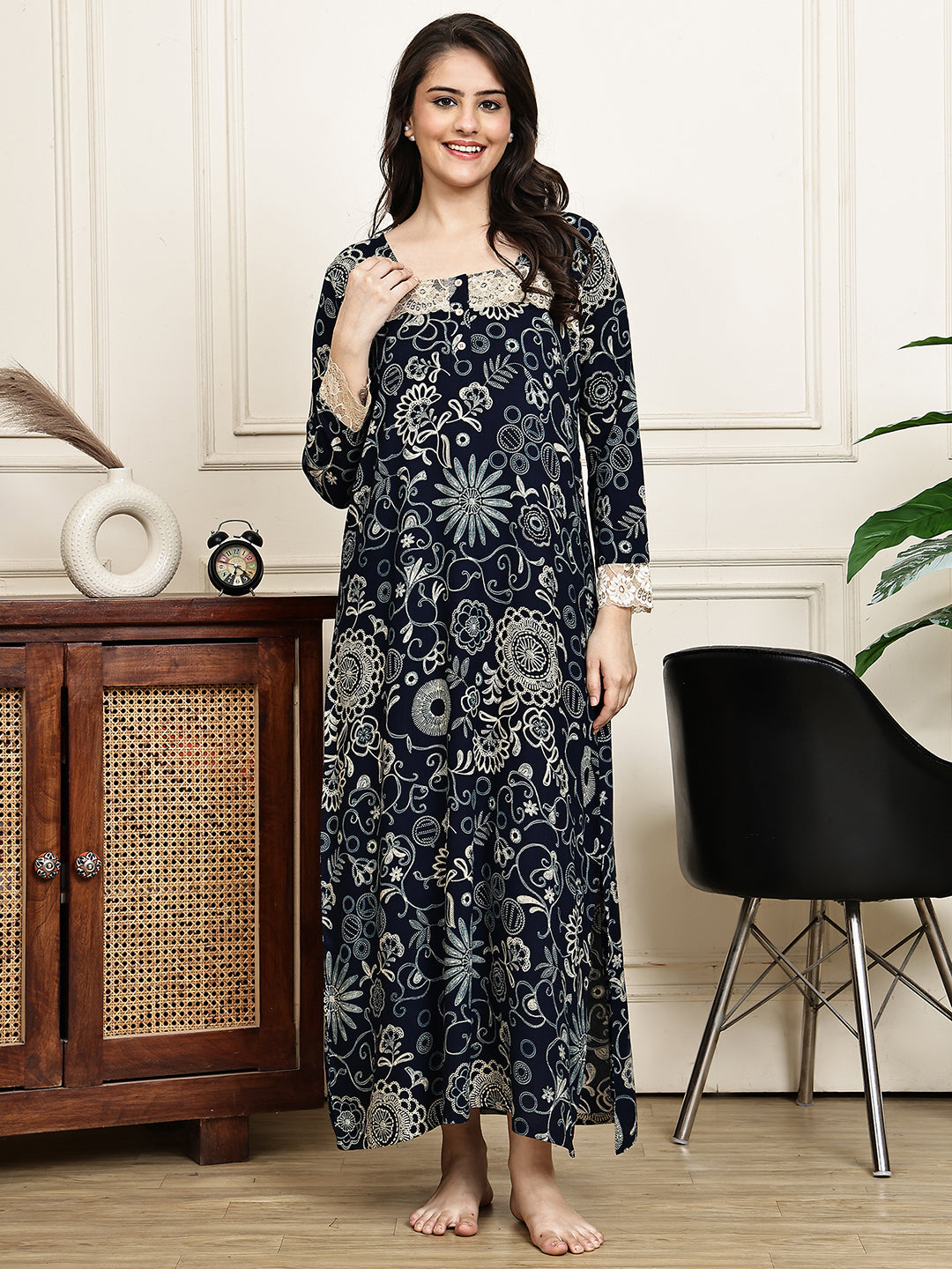 Navy Blue Colour Floral Printed Viscose Rayon Nighty For Women