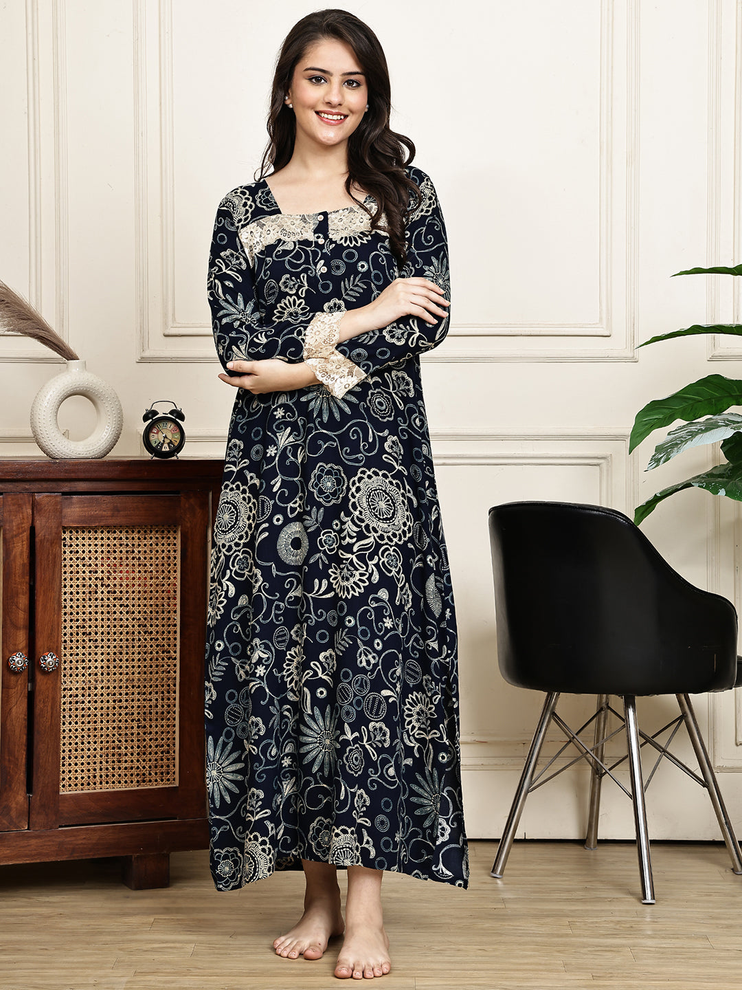 Navy Blue Colour Floral Printed Viscose Rayon Nighty For Women