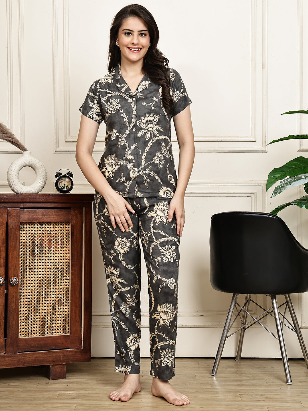 Grey Colour Floral Printed Viscose Rayon Night Suit