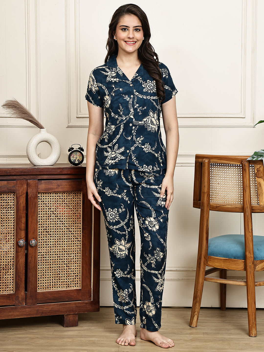 Navy Blue Colour Floral Printed Viscose Rayon Night Suit