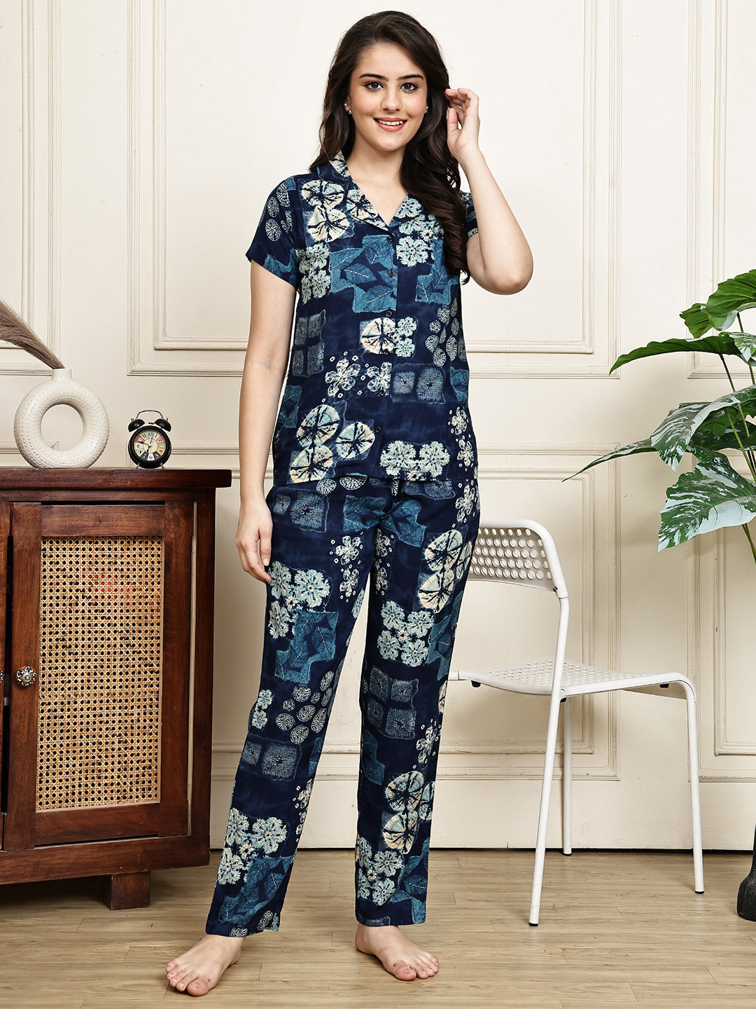 Navy Blue Colour Abstract Printed Viscose Rayon Night Suit for Women