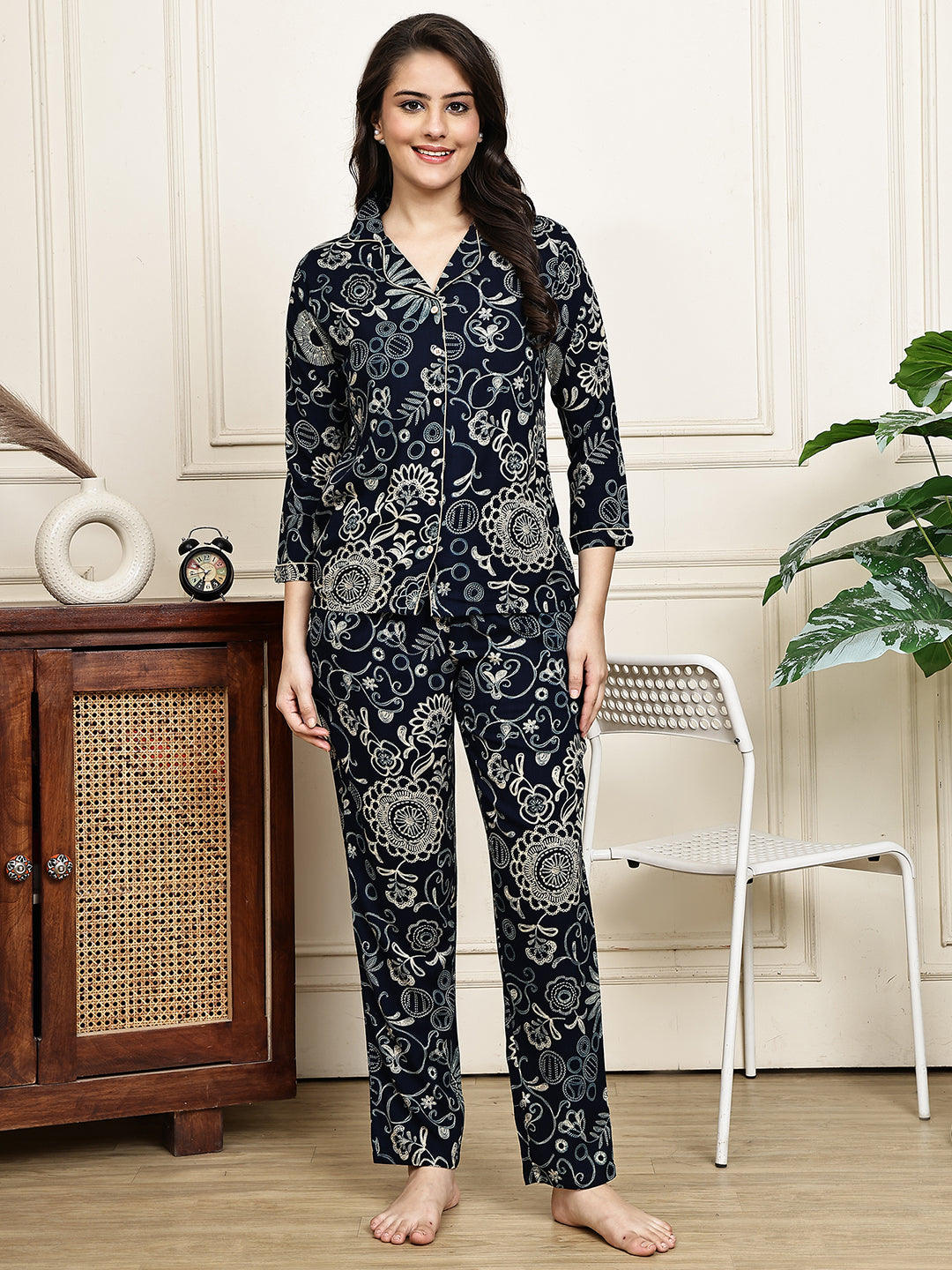 Navy Blue Ethnic Motifs Printed Viscose Rayon Night Suit for Women