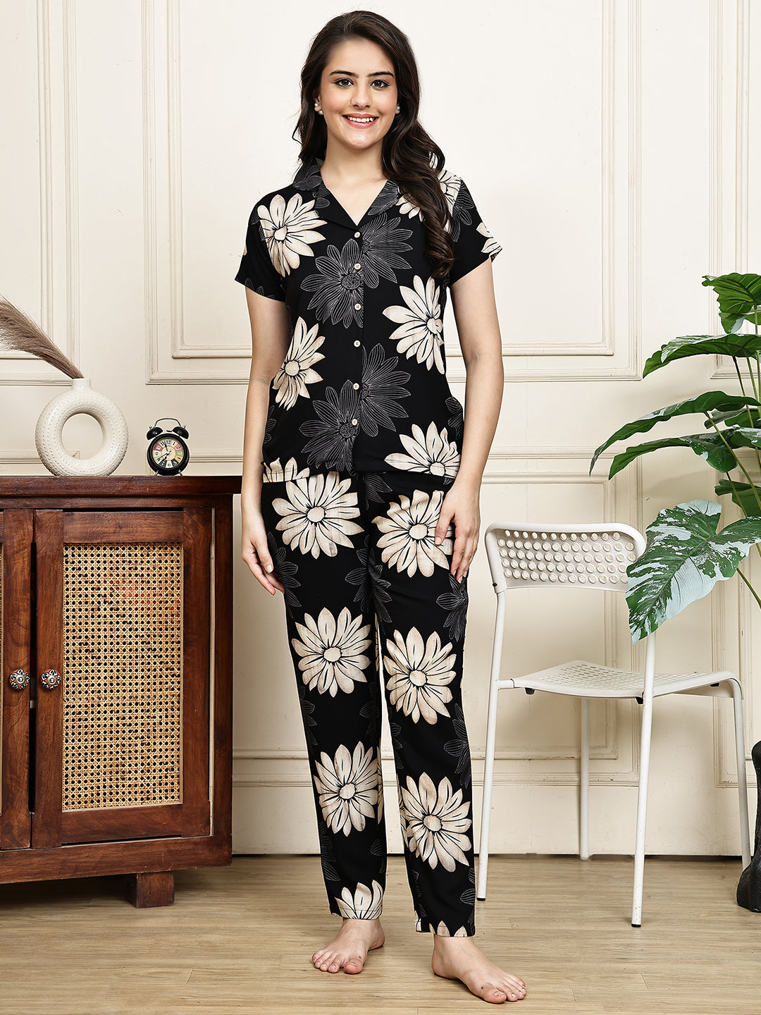 Black Colour Floral Printed Viscose Rayon Night Suit