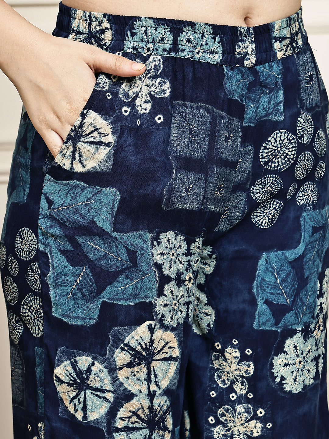 Navy Blue Abstract Printed Viscose Rayon Lounge Pants for Women