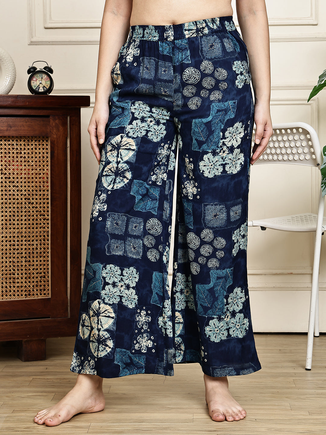Navy Blue Abstract Printed Viscose Rayon Lounge Pants for Women
