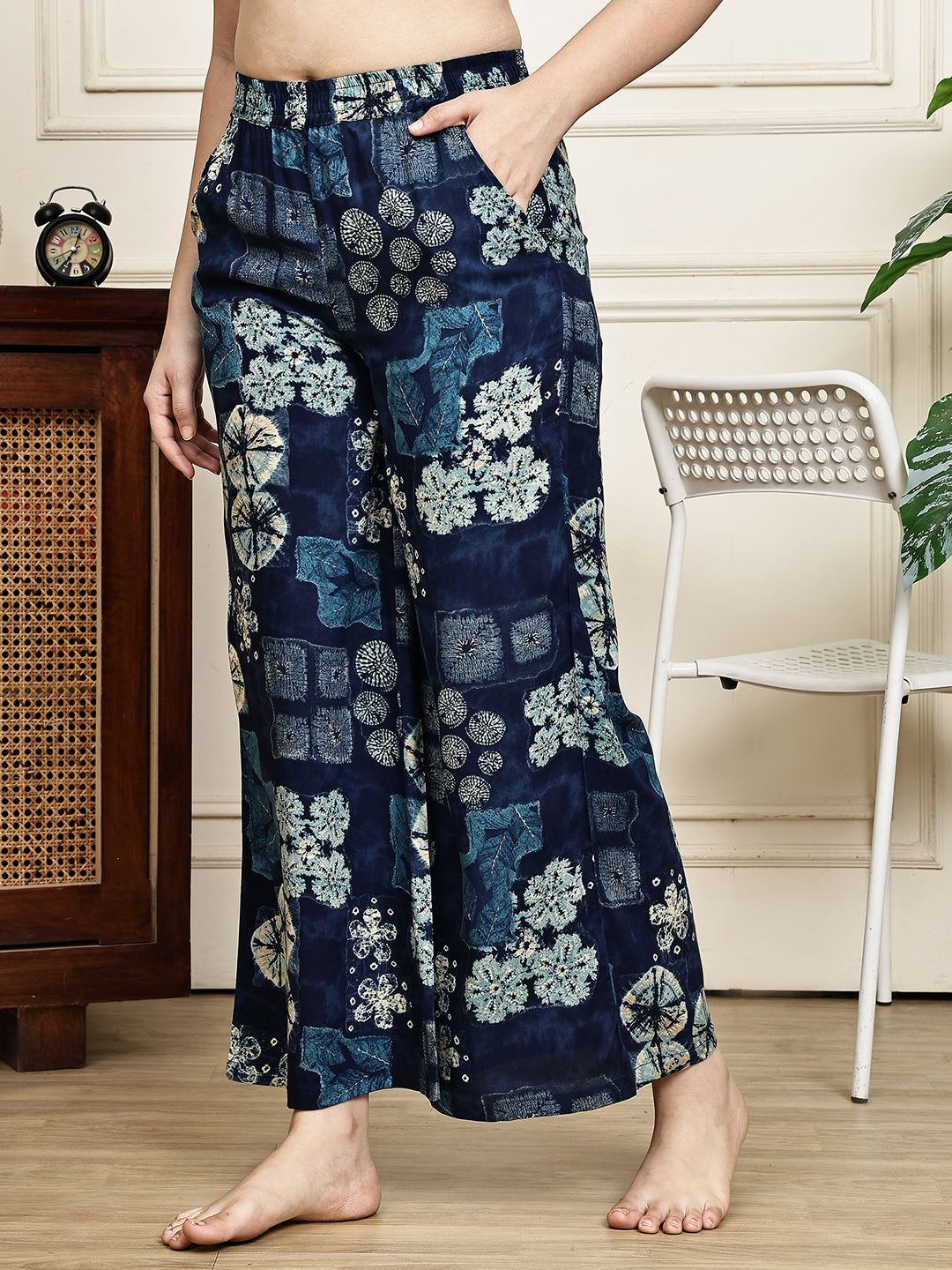 Navy Blue Abstract Printed Viscose Rayon Lounge Pants for Women