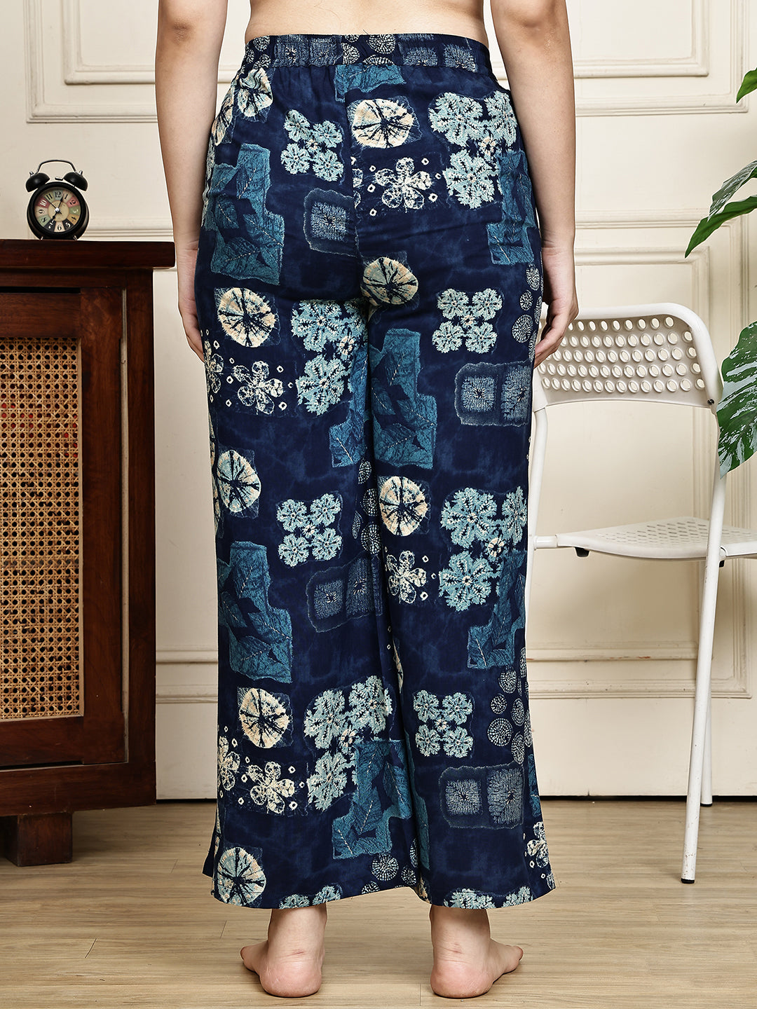 Navy Blue Abstract Printed Viscose Rayon Lounge Pants for Women